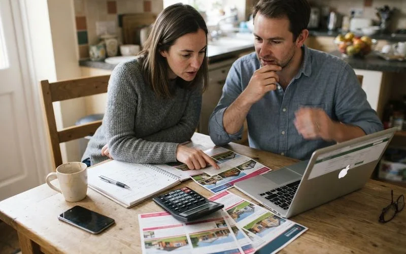 A calculator, house keys and paperwork laid out on a table representing home-buying costs