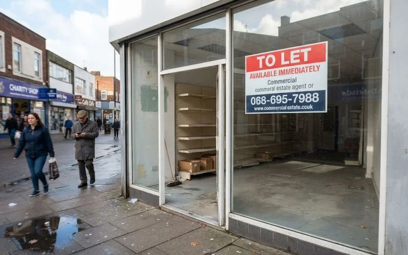 The front of a small retail unit with a "To Let" sign in a Birmingham commercial area