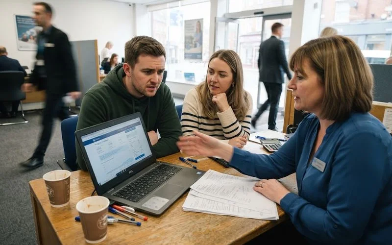 A young couple reviewing paperwork with a mortgage advisor at a table