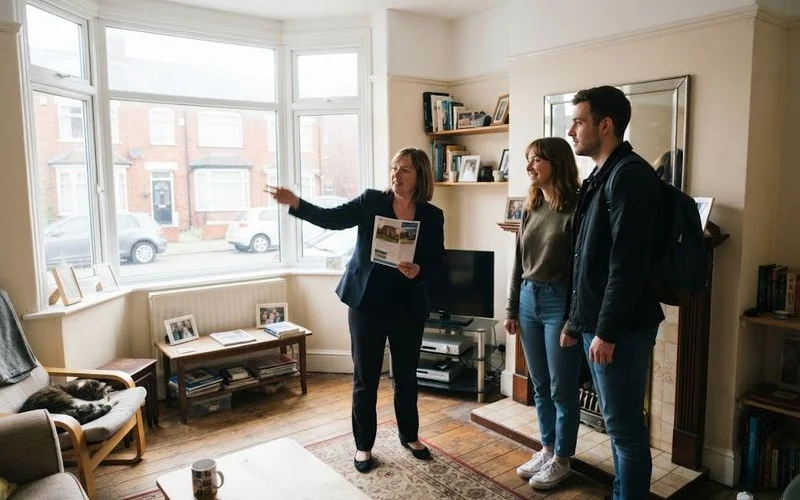 Estate agent showing a couple around a living room during a house viewing in Birmingham